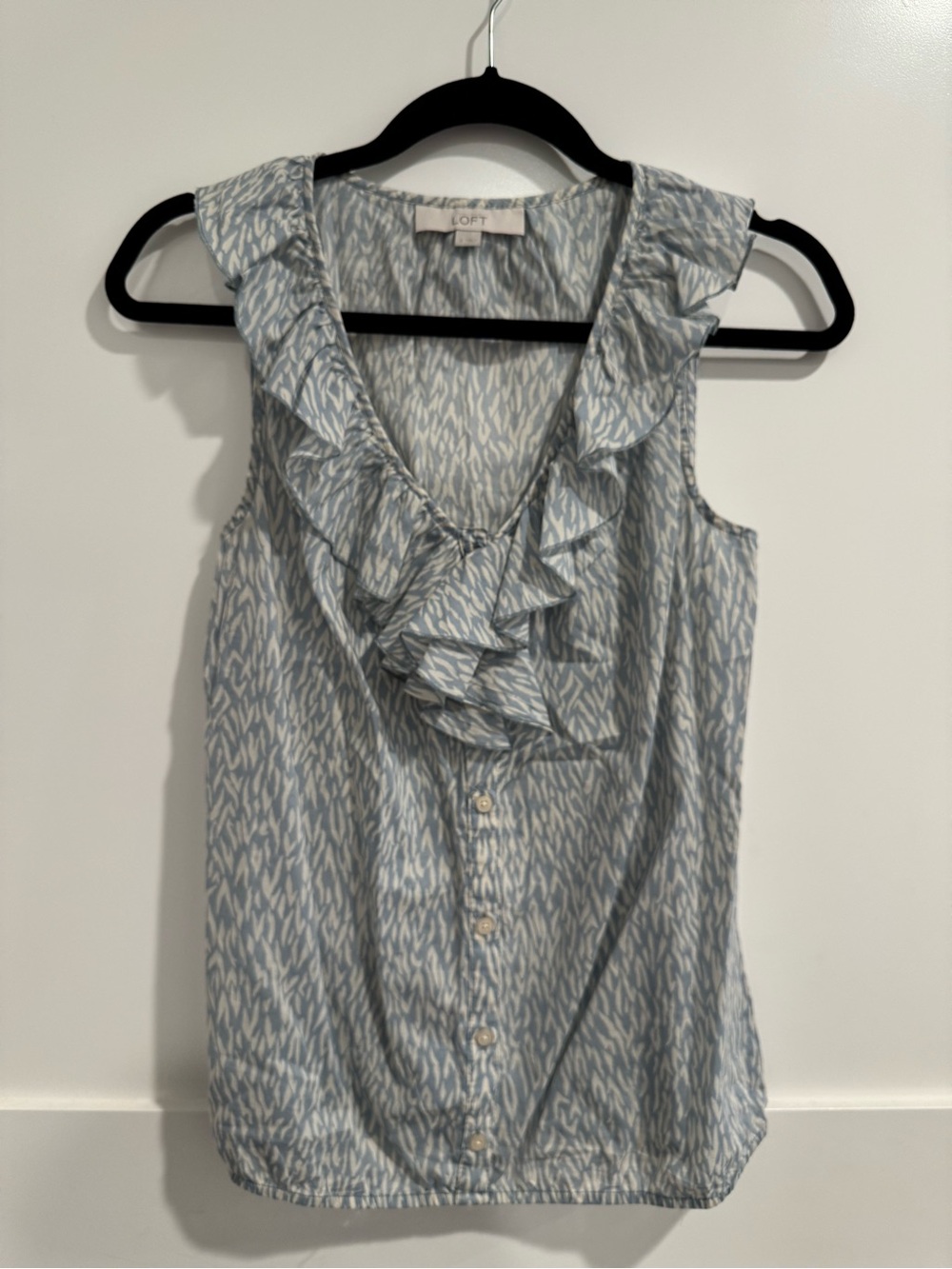 LOFT Blue & White Ruffle V-Neck Button Front Blouse